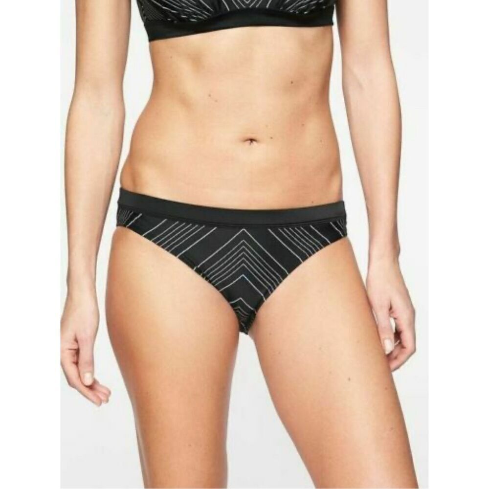 Athleta Medium Rise Bikini Bottom Banded Black White Chevron Print Womens Sz M